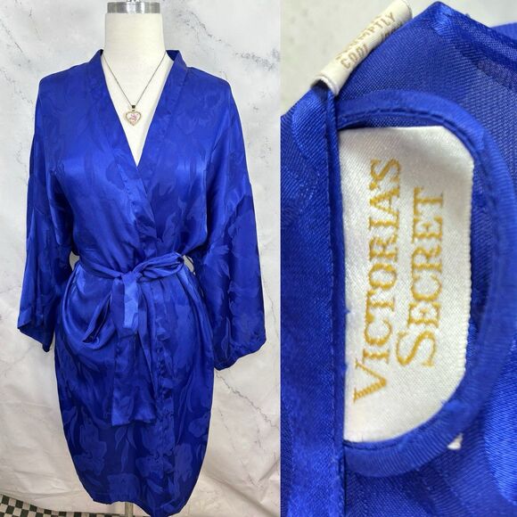 Vtg 80s Victoria's Secret Gold Label Kimono Robe Floral Blue One Size Romantic - Picture 1 of 16